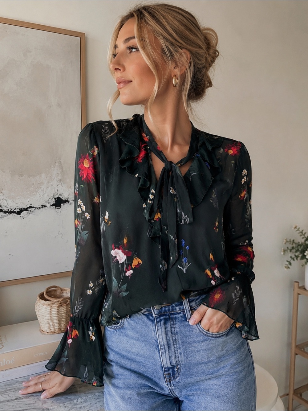 Ports Silk Blend Floral Bees Ruffle Tie Neck Blouse Romantic Cottagecore Flowy